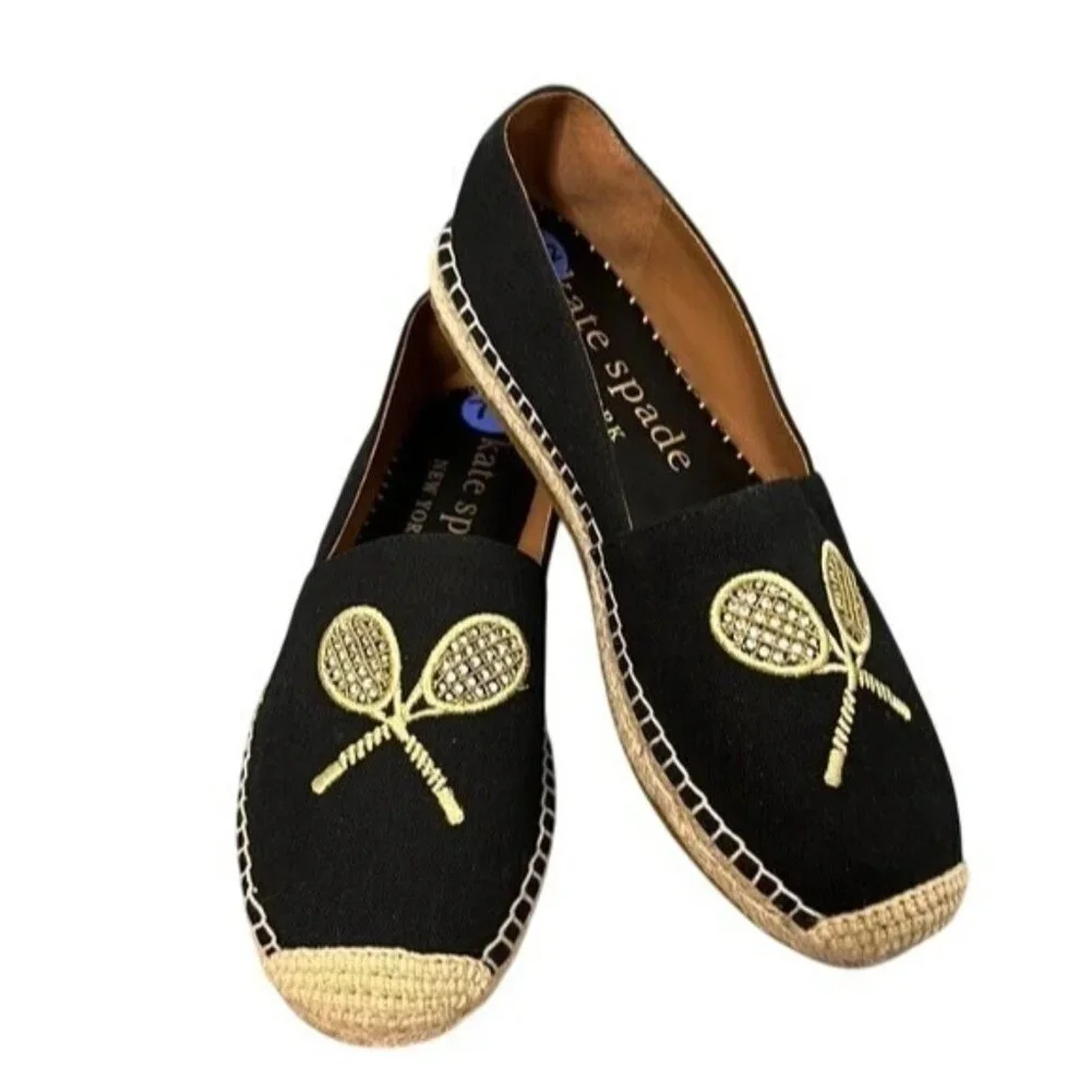 Kate Spade Double Tennis Racket Embroidered Canvas Espadrilles 7.5 Black Gold